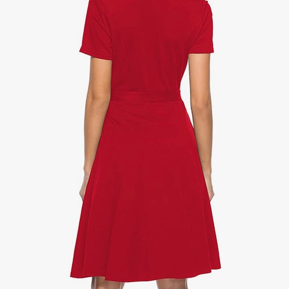 Hot Red V-Neck Short Sleeves Belted Swing Party Dresses with Pockets - Picture 4 of 5